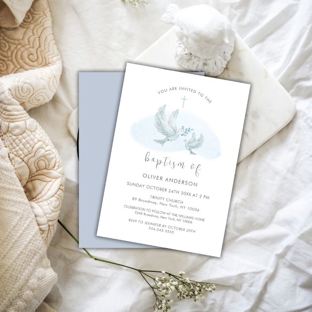 Blue Simple Watercolor Bird Dove Cross Boy Baptism Invitation (Blue Simple Watercolor Bird Dove Cross Boy Baptism Invitation)