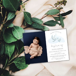 Blue Simple Watercolor Bird Photo Cross Baptism Invitation