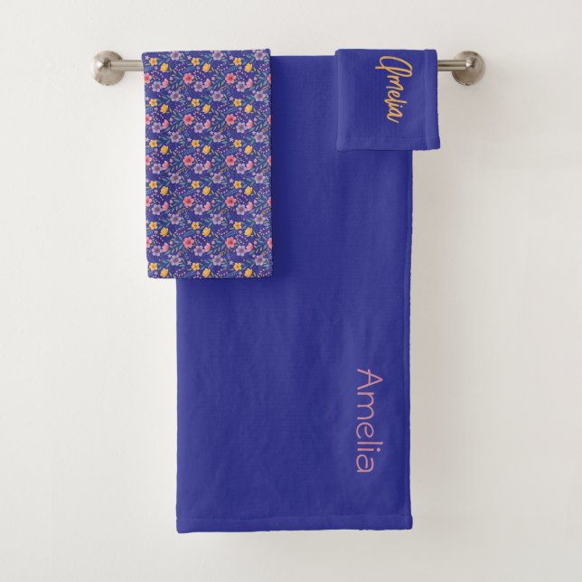 Blue simple wildflower pattern name bath towel set (Insitu)