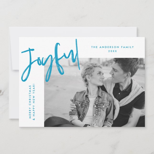Blue Simply Joyful Photo Holiday Card (Front)