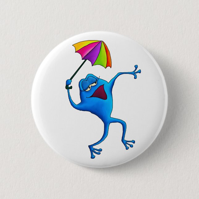 Blue Singing Frog with Umbrella 2 Inch Round Button (Front)