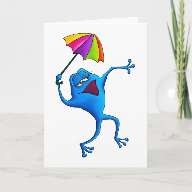Blue Singing Frog with Umbrella Card (Front)