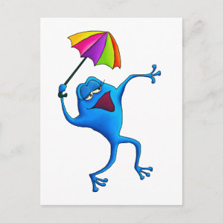 Blue Singing Frog with Umbrella Postcard