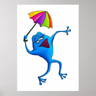 Blue Singing Frog with Umbrella Poster