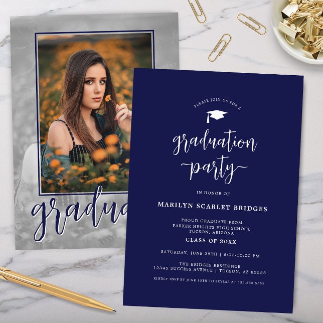 Blue Single Photo Script Graduation Invitation (modern navy blue graduation party invitation with single photo used twice for unique grad party)