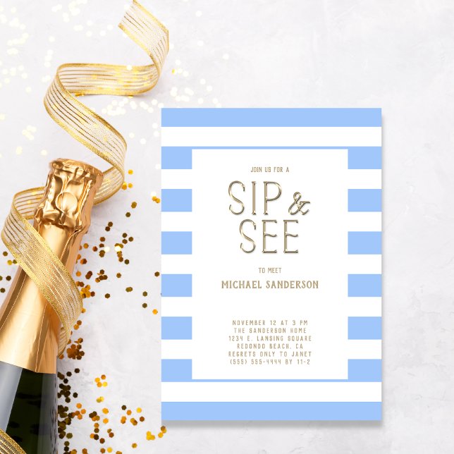 Blue Sip and See  Striped Baby Boy  Party Invitation (Creator Uploaded)