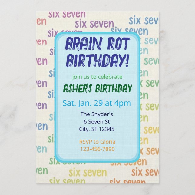 Blue Six Seven Brain Rot Birthday Invitation (Front)
