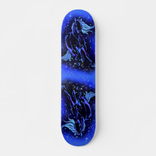 Blue Skateboard Horses Running At Starry Night