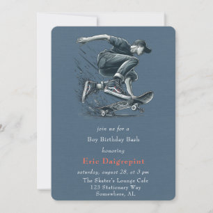 Blue Skateboarder Burnt Orange Happy Birthday Boy Invitation
