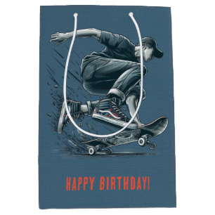 Blue Skateboarder Burnt Orange Happy Birthday Boy Medium Gift Bag