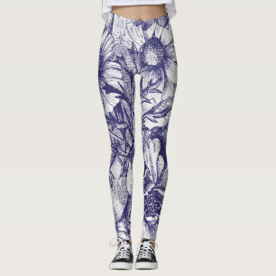 Blue sketch style flower pattern leggings