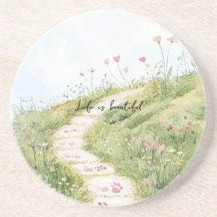 Blue Skies Grass Path Pink Flowers Coaster