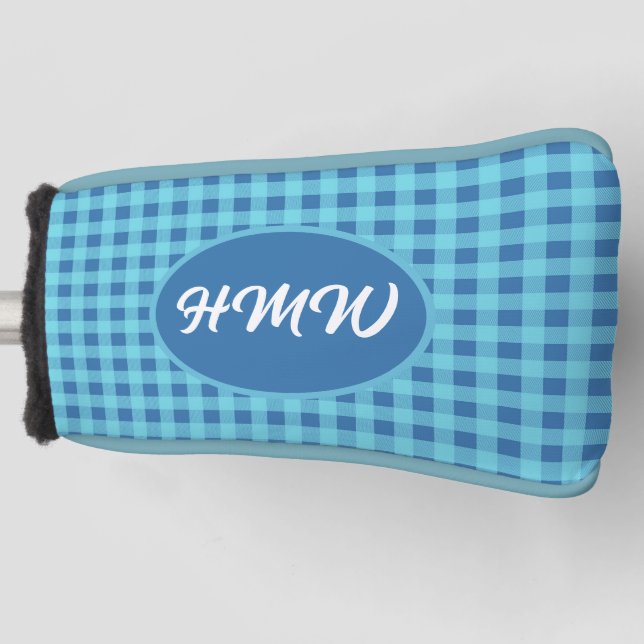 Blue Skies Plaid: Custom Monogram Blade Putter Golf Head Cover (Front)
