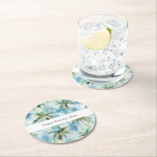 Blue Skies Tropical Island Palm Trees Birthday Round Paper Coaster