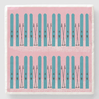 Blue skis on pink background stone coaster