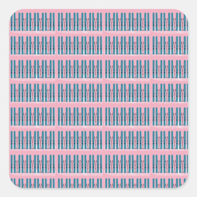 Blue skis on pink square sticker (Front)