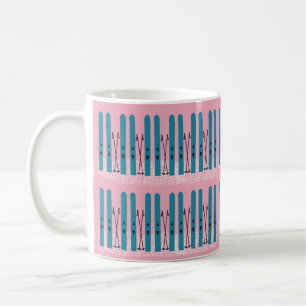 Blue skis on snow with pink background mug. coffee mug