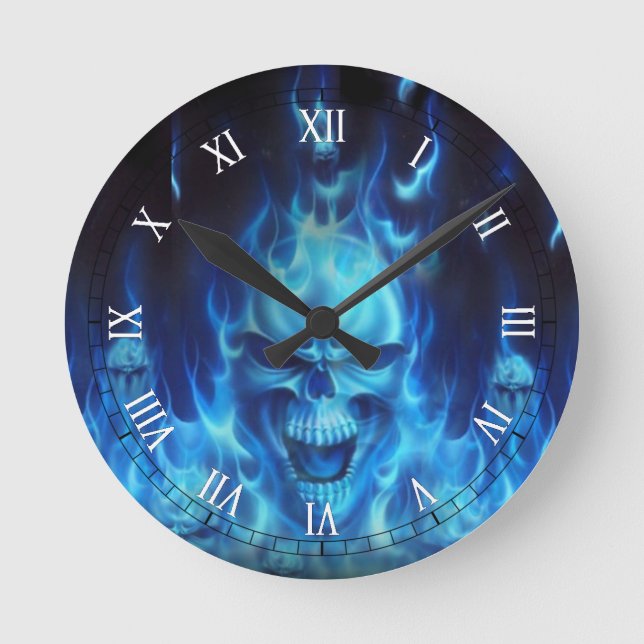 blue skull head with flames round clock (Front)