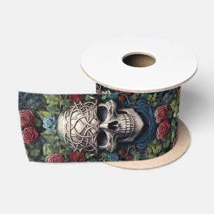 Blue Skull with Roses and Cornflowers Satin Ribbon