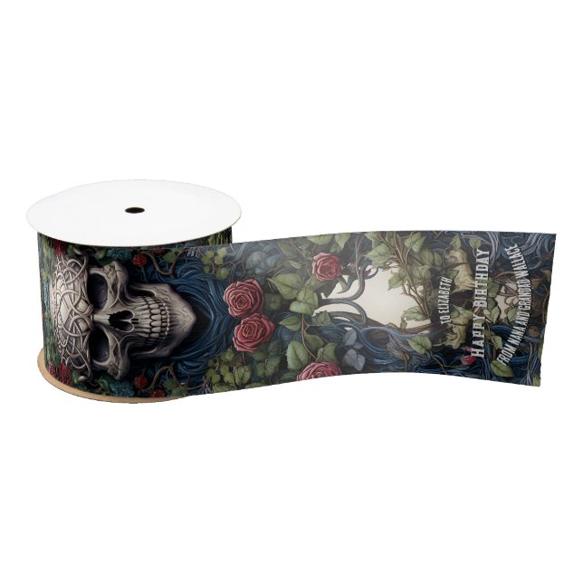 Blue Skull with Roses and Cornflowers Satin Ribbon (Spool)