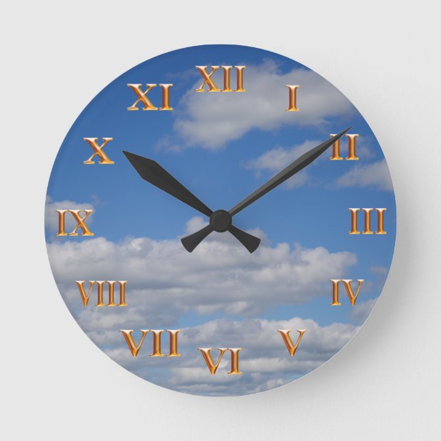 Blue Sky and Clouds - Gold Roman Numerals Round Clock (Front)