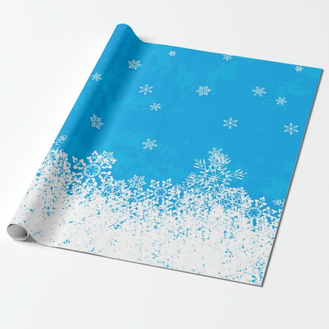 Blue Sky and Falling Snow Christmas Wrapping Paper (Unrolled)