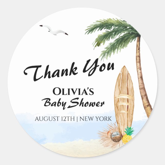 Blue Sky Baby On Board Beach Surf Baby Shower  Classic Round Sticker (Front)
