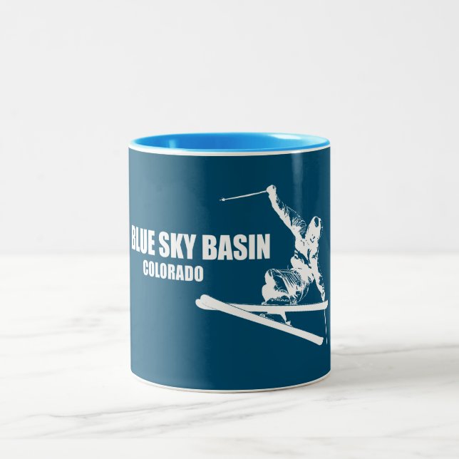 Blue Sky Basin Colorado Skier Two-Tone Coffee Mug (Center)
