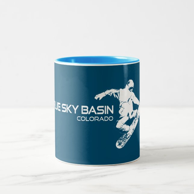 Blue Sky Basin Colorado Snowboarder Two-Tone Coffee Mug (Center)