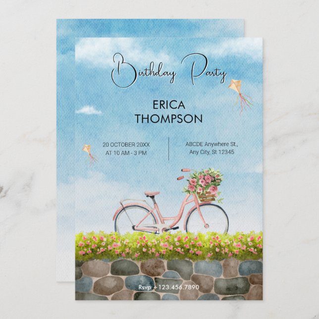 Blue Sky bicycle landscape birthday Invitation (Front/Back)