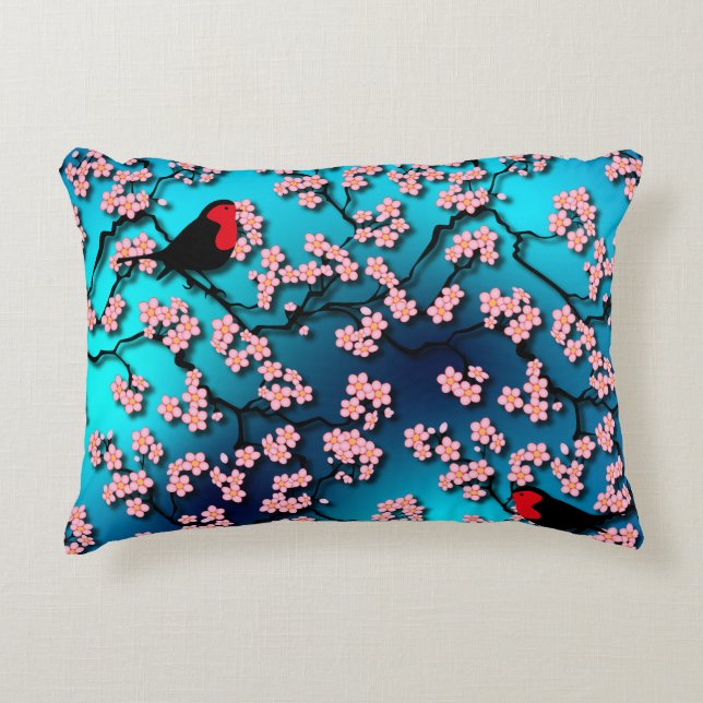 Blue Sky Bird Cherry Blossom Accent Pillow (Front)