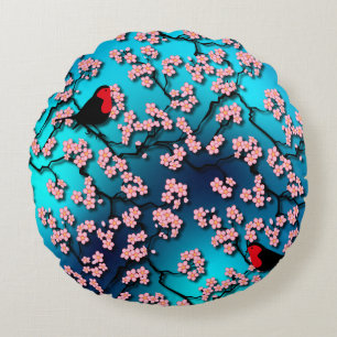 Blue Sky Bird Cherry Blossom Round Pillow