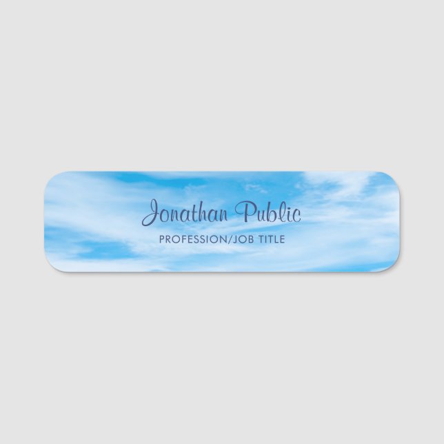 Blue Sky Clouds Calligraphy Script Name Template Tag (Front)