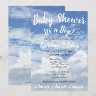 BLUE SKY CLOUDS PHOTO BABY BOY SHOWER INVITATION