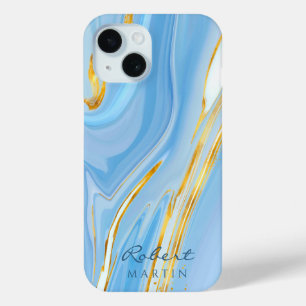 Blue Sky Gold Glitter Marble Customizable iPhone 15 Case
