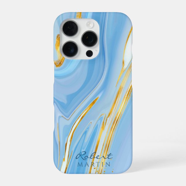 Blue Sky Gold Glitter Marble Customizable iPhone Case (Back)
