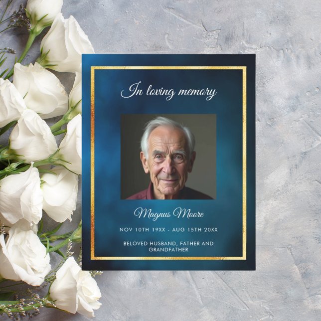 Blue sky gold photo funeral program card (Creator Uploaded)