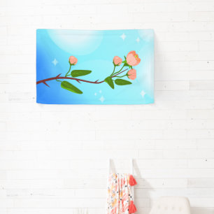Blue sky gradient with blooming spring branch banner