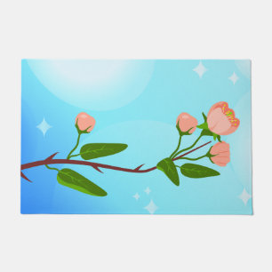 Blue sky gradient with blooming spring branch  doormat