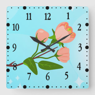 Blue sky gradient with blooming spring branch square wall clock