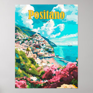 Blue Sky in Positano Italy Vintage Travel  Poster