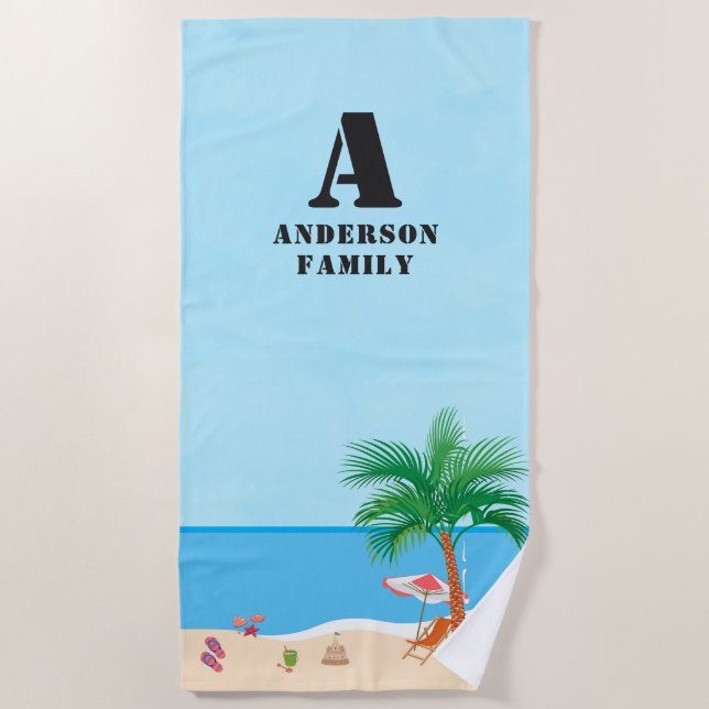 Blue Sky, Initials, Name and Beach Life Towel (Front)