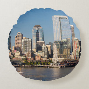 Blue sky over the Elliott Bay waterfront Round Pillow