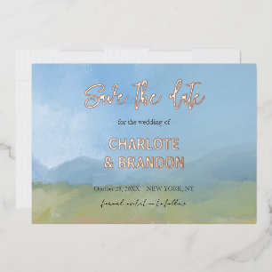 Blue Sky Painted Landscape Wedding Save The Date  