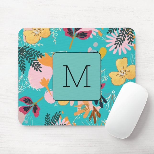 Blue sky pattern Watercolor flower initial chic Mouse Pad (With Mouse)