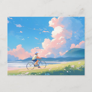 Blue sky riding a bicycle anime  postcard