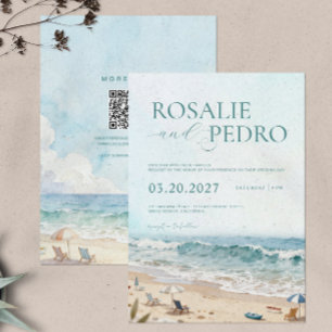 Blue Sky Summer Beach Watercolor QR Code Wedding Invitation