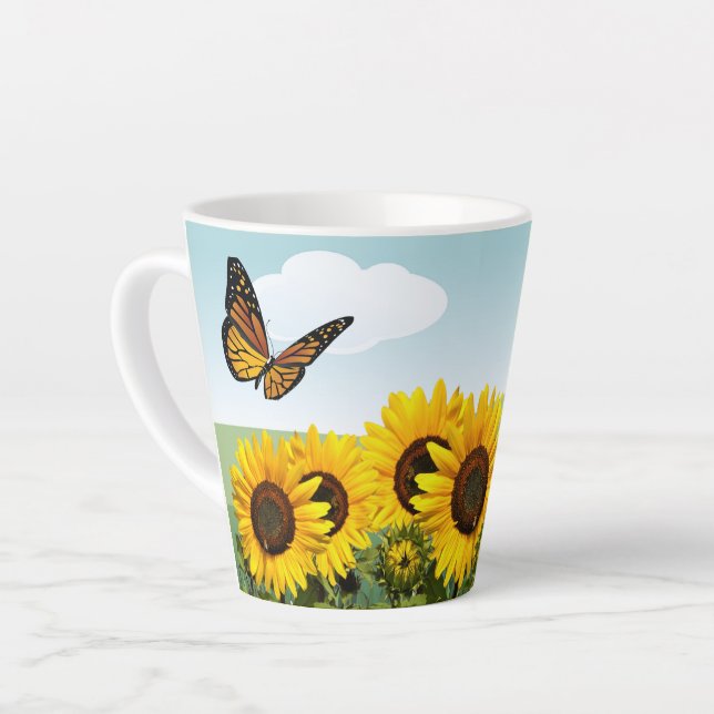 Blue Sky Sunflower and Butterfly Personalized  Latte Mug (Left Angle)