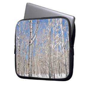 Blue Sky, Towering Aspens In Snow Photograph Laptop Sleeve