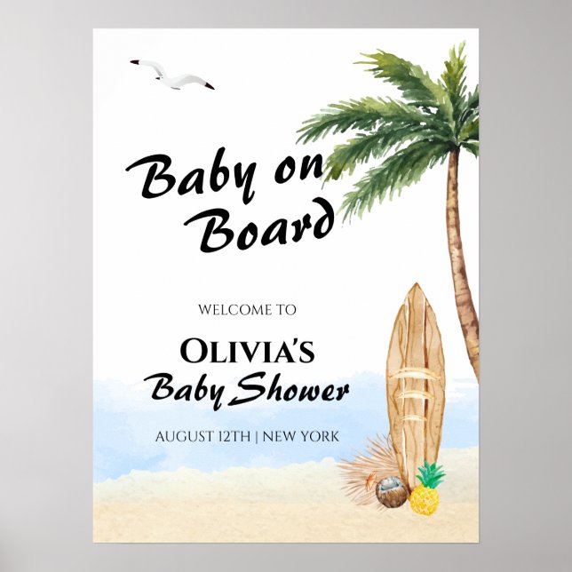 Blue Sky Tropical Beach Surf Baby Shower Welcome  Poster (Front)